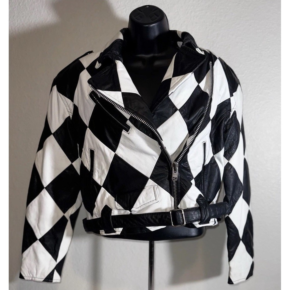 Womens Vintage 80s Leather Motorcycle Biker‎ Jacket Small Harlequin Black White